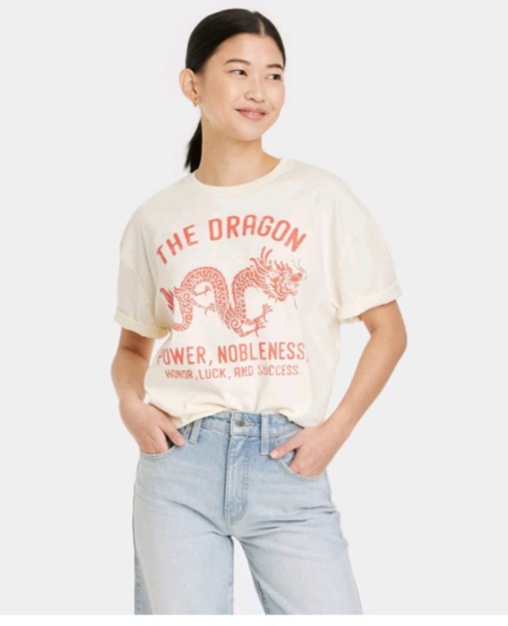 Womens Lunar New Year Top Medium Off White Year of the Dragon Tee Shirt